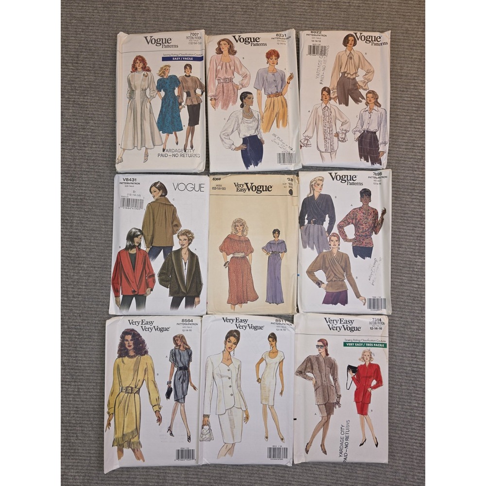 Vtg Vogue Sewing Patterns Very Easy Vogue 80s-90s Lot of 9 Uncut Size 12/14/16